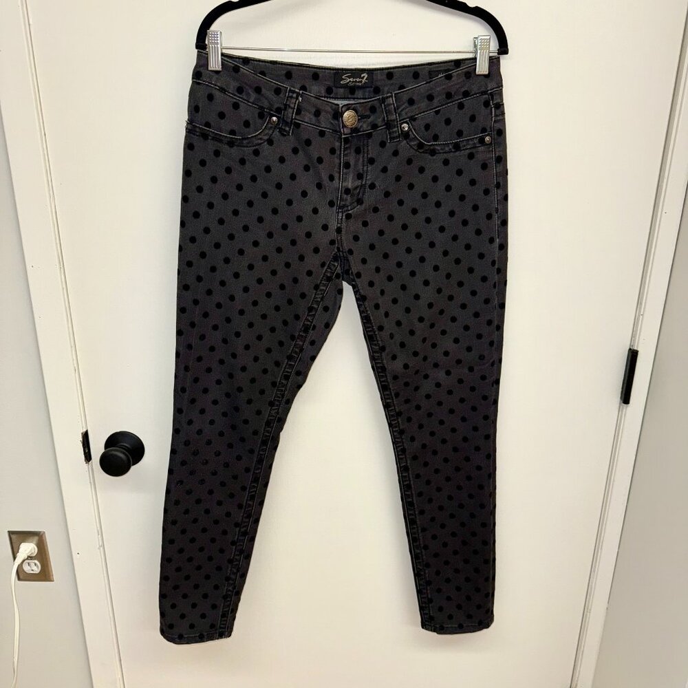 Seven7 Size 10 Skinny Black Velvet Polka Dot Jeans